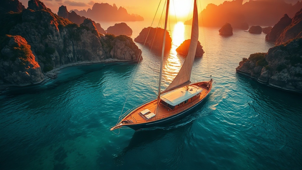 Luxury phinisi yacht anchored between Komodo islands at golden hour